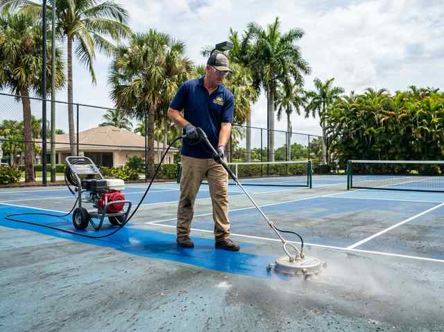 Pressure washing grit and stains off a pickleball court surface