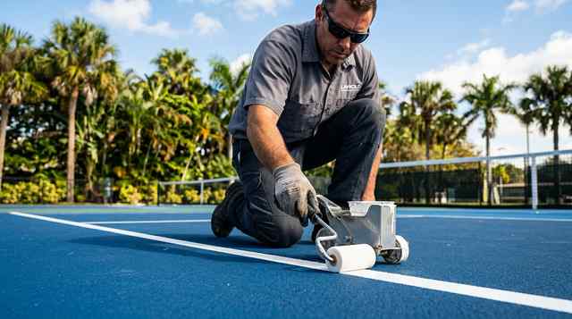 Crew applying fresh pickleball court paint and resurfacing