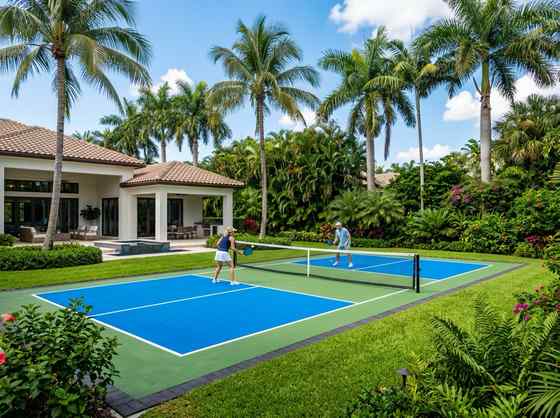 Rendering of a residential pickleball court with Laykold surfacing